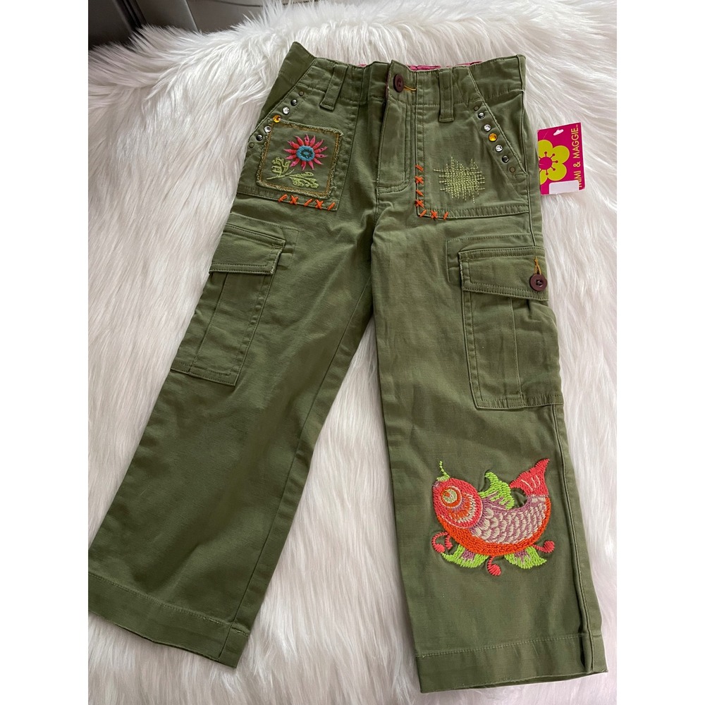 Mimi & Maggie Girls Olive Green Embroidered Rhinestones Bohemian Cargo Pants 3T